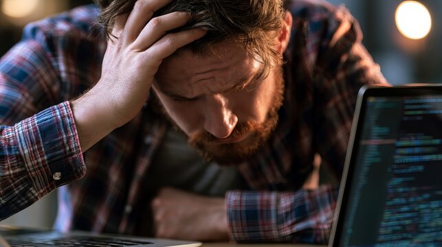 Frustrated man with a weary expression rests his hand on his forehead, staring intently at a laptop displaying lines of code, representing stress
