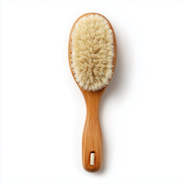 Wooden Hair Brush with Natural Bristles Top View Isolated on White Background
