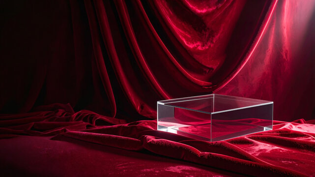 Acrylic podium box, red velvet textile background. Studio lighting product display mockup design. Presentation showcase platform template for luxury retail cosmetics exhibition stage advertising set.