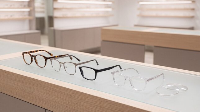 Row of stylish eyeglass frames displayed on glass counter in store