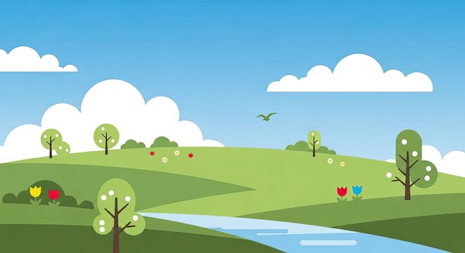 Cartoon landscape scene with green rolling hills and blue sky