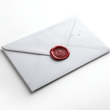 White Paper Envelope Sealed with Red Wax Stamp Top View Isolated on White Background