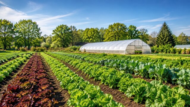  vibrant vegetable farm with rows of leafy greens and a large greenhouse under a clear blue sky surrounded by tall trees.