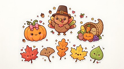 Obraz premium Cute thanksgiving sticker set with turkey, pumpkin, cornucopia, and autumn leaves isolated on white background