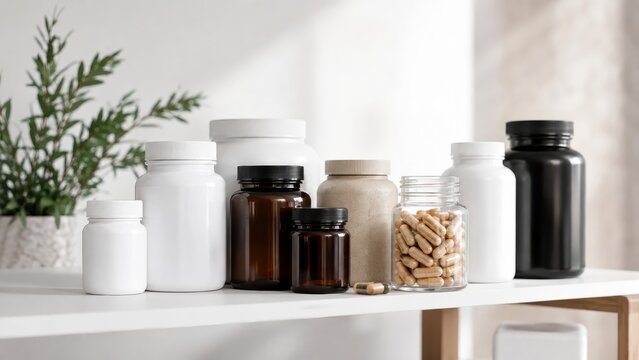 Various supplement bottles and a jar of capsules arranged on a white shelf with a plant in the background.