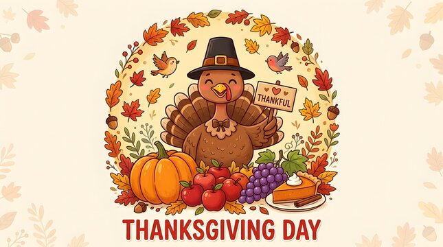 Thanksgiving day illustration with a cute turkey wearing a pilgrim hat, holding a thankful sign, surrounded by pumpkins, apples, grapes, and pie
