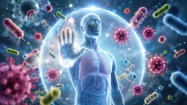 digital illustration of a human figure with visible internal organs, surrounded by viruses and bacteria, symbolizing immune defense and protection.