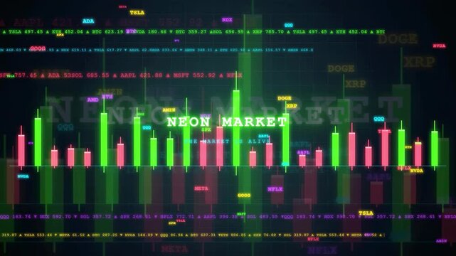 Digital stock market candlestick chart with neon green and pink data visualization on dark background