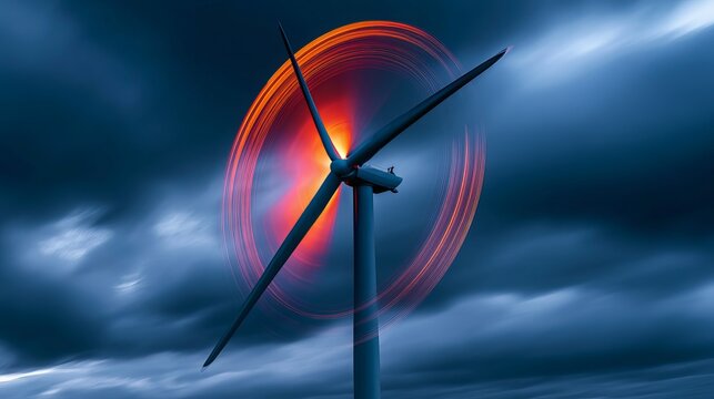A modern wind turbine dramatically rotates against a stormy twilight sky, showcasing renewable energy and sustainable power generation concept for commercial use