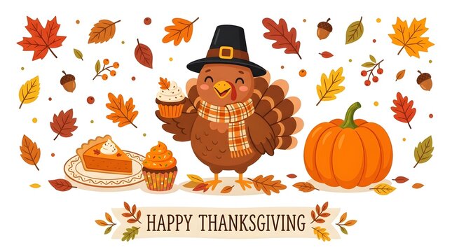 Happy thanksgiving illustration with a cute turkey wearing a pilgrim hat, scarf, holding a cupcake, surrounded by autumn leaves, pumpkin, and pie