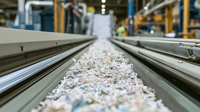 Conveyor belt transports shredded paper through industrial recycling facility, showcasing sustainable waste management and a circular economy concept