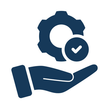 Flat vector icon of a hand holding a gear with a checkmark symbol representing professional service transparent background