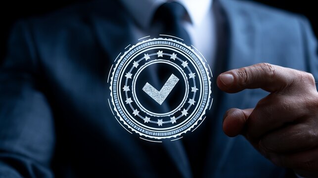 A formally dressed man confidently presents a glowing digital approval seal, demonstrating quality assurance and verification for business and secure digital validation