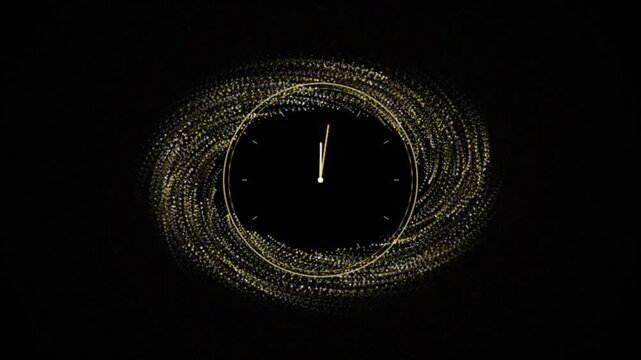 Countdown clock reaching midnight with sparkling galaxy particle effect golden motion.