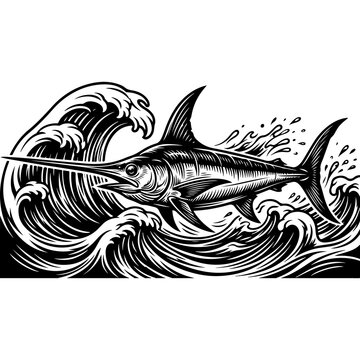 Swordfish swimming amidst stylized waves a black and white engraving