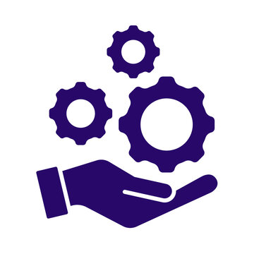 Purple icon showing a human hand holding three mechanical gear wheels as a symbol for technical support and maintenance transparent background