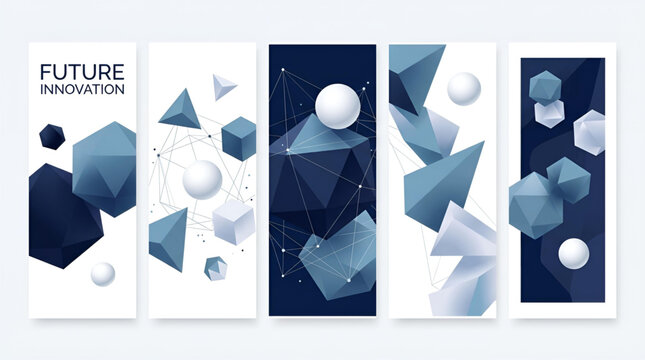 Set of abstract vertical banners with geometric 3d shapes, polygons, and spheres on white and dark blue backgrounds