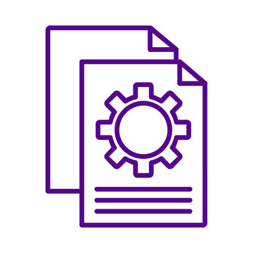 Purple outline icon showing two document pages with a gear symbol representing file settings and configuration management transparent background