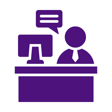 Purple vector icon of a customer service representative sitting at a desk with a computer transparent background