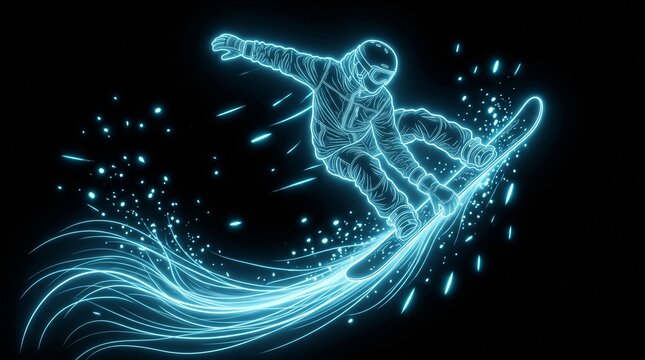 Neon snowboarder glowing blue light trail, futuristic winter sports athlete silhouette, digital motion art on black background