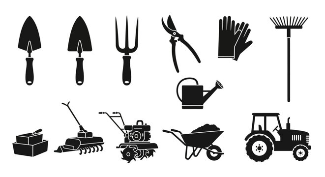 Gardening tools with collection black silhouettes pruning shears wheelbarrow equipment watering tractor trowel gloves tiller mower boxes with rake