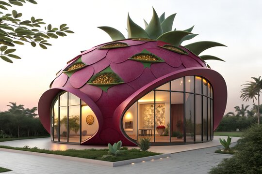 Modern futuristic architecture building shaped like a giant purple dragon fruit