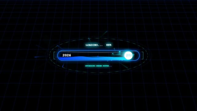 Futuristic digital progress bar loading screen showing transition between years 2026.