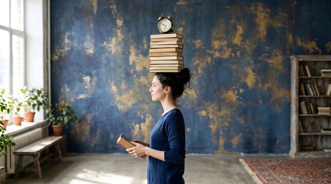 Balanced young woman balancing a stack of vintage books and clock