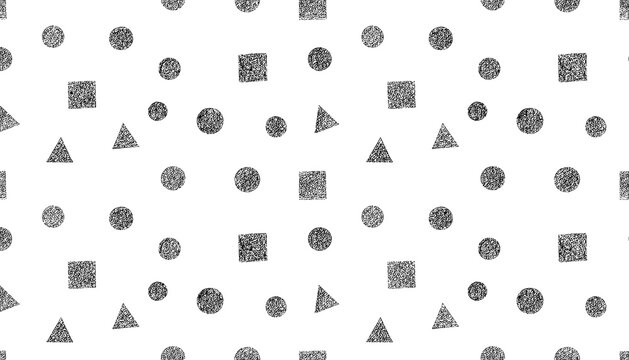 Seamless abstract geometric pattern featuring squares, circles, and triangles with a grainy black and white texture.
