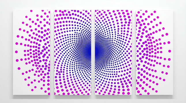 Four vertical canvas abstract art featuring a mesmerizing hypnotic spiral pattern made of colorful dots