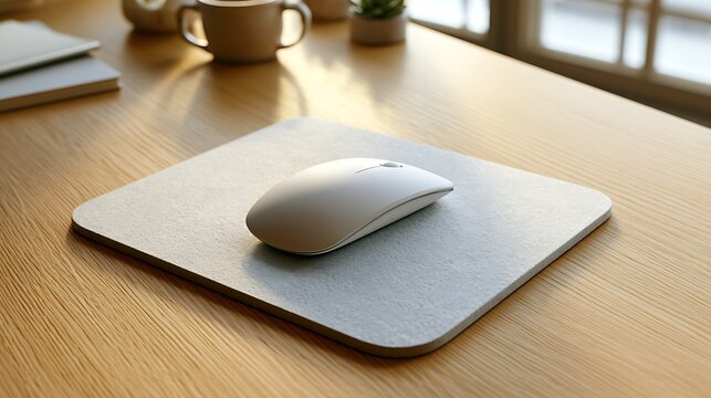 white computer mouse on a gray mousepad on a wooden desk