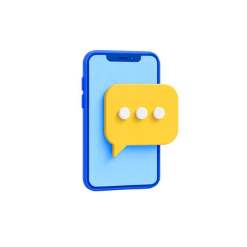 Blue smartphone with yellow chat bubble icon representing mobile messaging, communication, texting, conversation and social contact