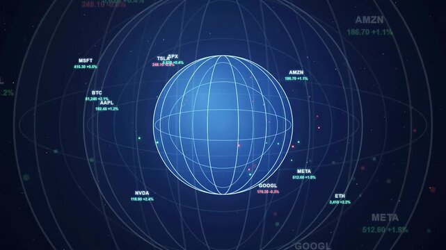 Digital holographic globe with floating financial data and stock market tickers on dark blue background