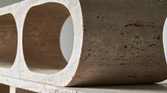 Modern architectural breeze block made of porous textured travertine stone.