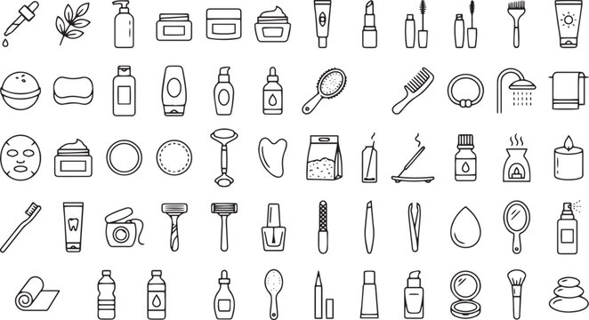 Skincare and beauty routine icon set featuring various cosmetic items including facial cream dispensers makeup brushes shampoo bottles perfume