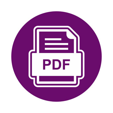 Purple circular icon with white document file symbol containing pdf text label transparent background