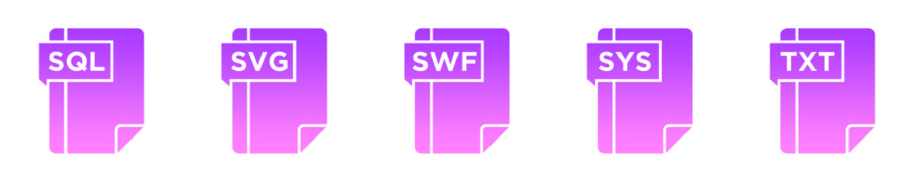 Set of purple gradient file format icons including SQL, SVG, SWF, SYS and TXT extensions.