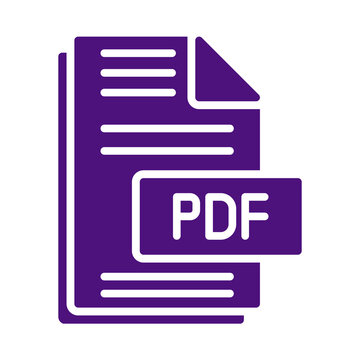 Purple flat vector icon of a document file in portable document format for digital data storage and office work transparent background