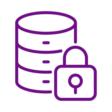 Purple line art icon representing database security with a locked padlock symbol transparent background