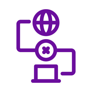 Purple line icon representing a broken network connection between a globe and a computer screen transparent background