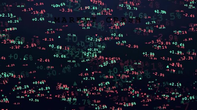 Abstract digital data stream with fluctuating financial stock market numbers and percentage indicators