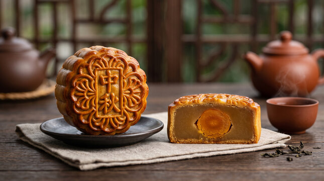 Mooncake with mung bean paste and egg yolk for Chinese Mid-Autumn Festival