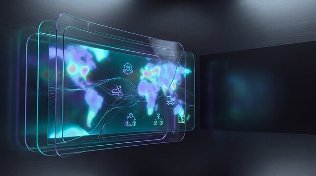Futuristic holographic world map on glass screens, global data network interface, sci-fi digital technology concept