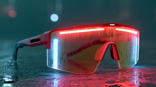 Glowing futuristic eyewear with bright red and blue neon lighting reflects on a wet surface, suggesting technological innovation and modern design concept