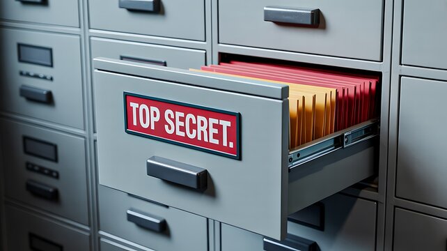 Top secret confidential files stored in secure office filing cabinet representing privacy data protection and information security