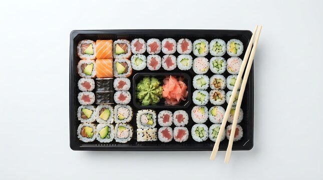 Large sushi platter with assorted rolls isolated on white background