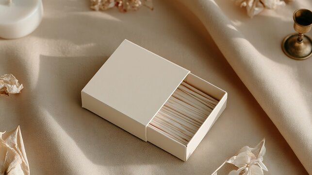 open white matchbox on beige background with natural elements