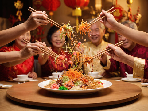 Family Tossing Yee Sang Salad Together at Chinese New Year