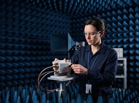 RF Engineer adjusting satellite communication transceiver in anechoic chamber