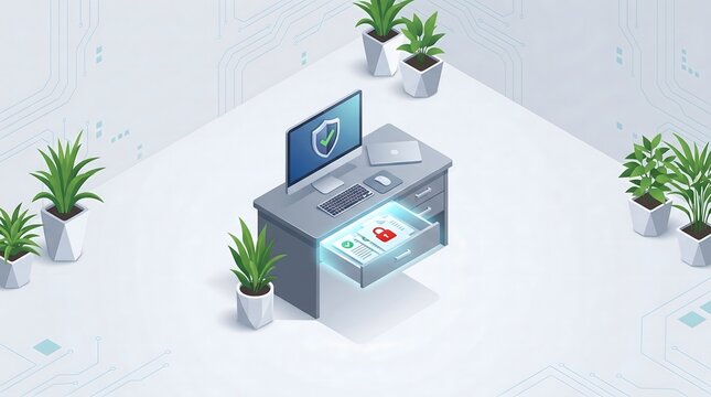 Isometric Cybersecurity Concept with Secure Computer Desktop and Digital Files